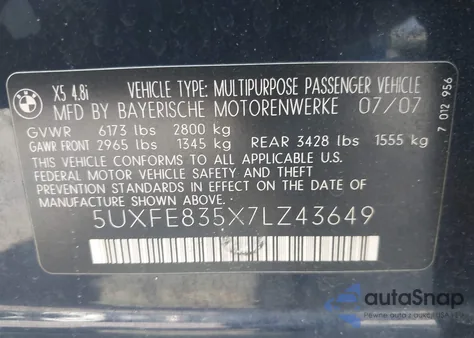 2007 BMW X5 4.8I из США, поврежденный, VIN 5UXFE835X7LZ43649